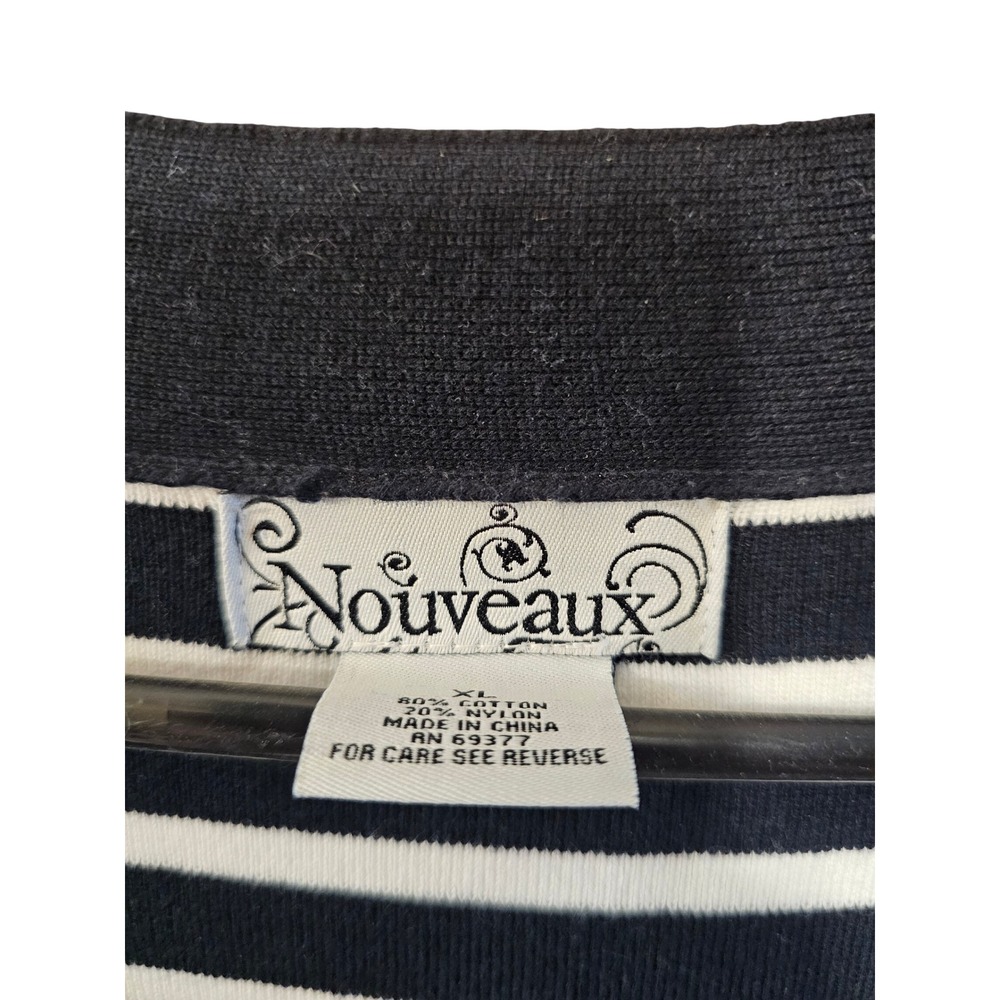Nouveaux Womens XL Navy Blue White Striped Open Front Cardigan Sweater 3/4 Sl - Picture 2 of 3